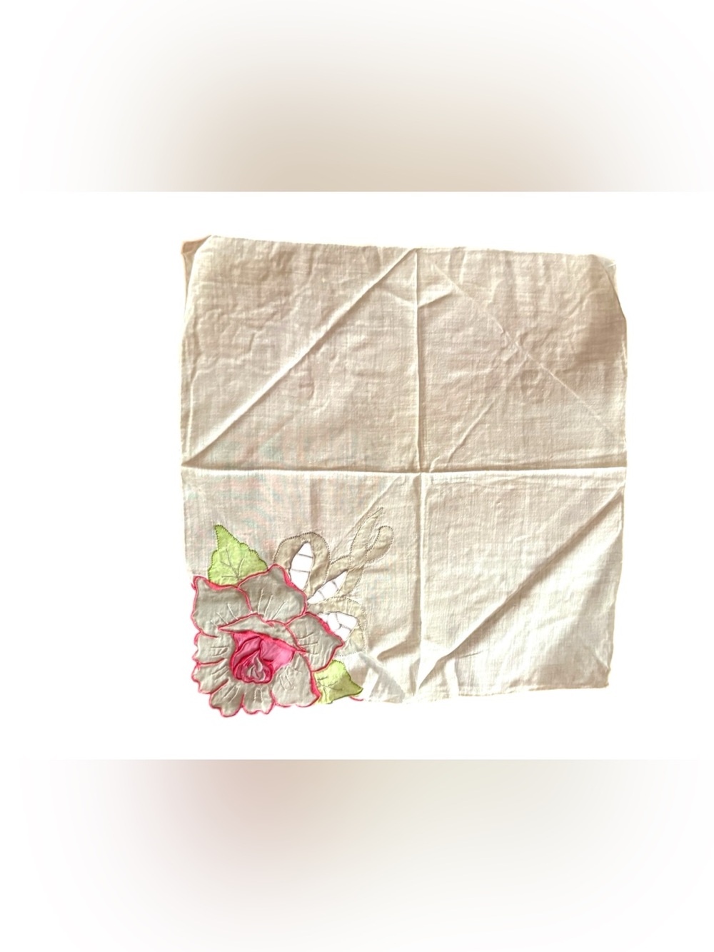 Vintage Embroidered Floral cotton handkerchief- Pink & Green Rose